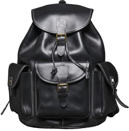 Schulranzen Umhängetasche aus Leder mit geschichtetem Rindsleder, personalisierter Reiserucksack, große Kapazität, Computertasche, Schultasche(Black)