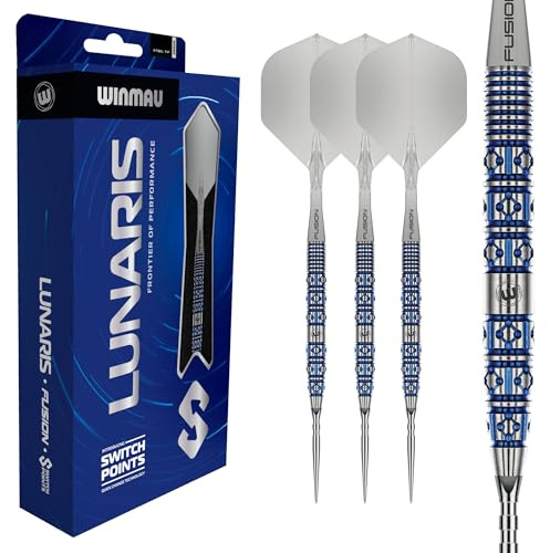 WINMAU Dart – Lunaris 90 % volfram dartset | Fusion Clear kort axel | Groove & Smooth Switch Point | Parallela 23 g/25 g, koniska 22 g/24 g blå & silverfattningar | Rapid-Change System