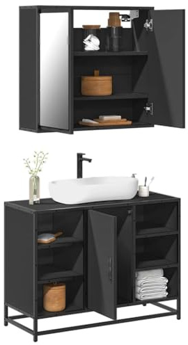 Holamys 2-TLG. Badmöbel-Set Schwarz, Holzwerkstoff, Metall, 80x33x60 cm Waschbeckenunterschrank, Spiegelschrank, Robustes Design für Badezimmer
