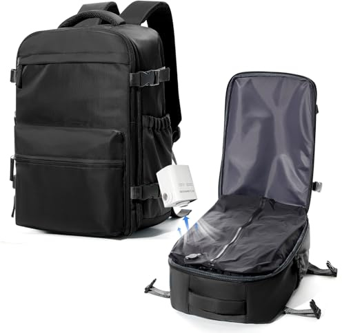 suradar Mochila de Viaje Vacio 40x30x20 con Bomba Mochilas Cabina Avion 40x20x30 Ryanair Wizzair Vueling Mochila Compresion al Vacio con Bomba Equipaje de Mano 40x30x20 Vacuum Backpack Negro