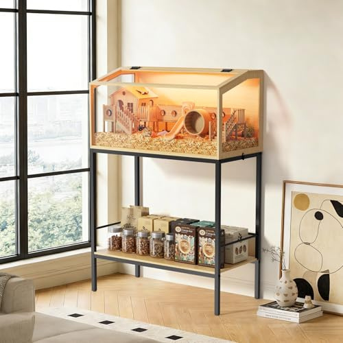 BingoPaw Wooden Hamster Cage Chew proof with Strorage Shelf (80x40 x 116cm) | Wood Hamster Cages Habitats Openable Top with Tempered Glass, Built-in LED Light for for Dwarf Syrian Hamster, Gerbil