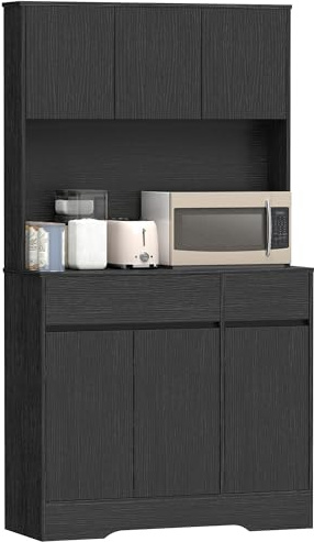HOMCOM Küchenschrank mit Arbeitsplatte 6 Türen Schwarz 100 x 38 x 180 cm | Buffetschrank, Hochschrank mit Verstellbaren Einlegeböden, Kabellöchern, Mikrowellenschrank, Moderner Vorratsschrank