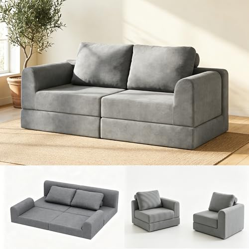 GRAVFORCE Schlafsofa Klappbar 160 cm Breit Bodensofa Bed mit Armlehnen und Kissen Compressed Sofa für Wohnzimmer Schlafzimmer (Grau)