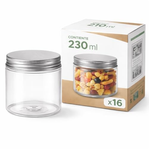 MAQA 16 Barattoli Cucina Trasparenti In PET - 230ml - Take Away con Tappo Alluminio Ermetico – Barattoli spezie, Alimenti, Insalate, Dessert e Piatti Pronti – Anti Perdite, Resistenti