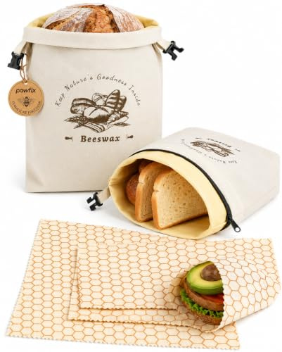 Powfix Lot de Sacs à Pain en Cire d'abeille, 2 Sacs refermables réutilisables + 3 emballages en Cire d'abeille, pour Pain Maison, sandwichs, Fruits, légumes, Produits de Boulangerie, Couleur Lin