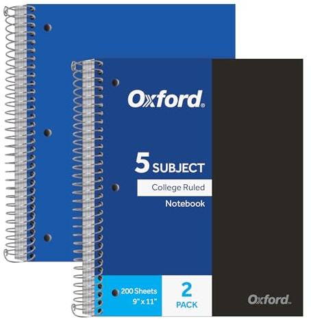 Oxford Spiralhefte, 5 Fächer, College liniertes Papier, strapazierfähiger Kunststoffeinband, 200 Blatt, 5 Trennfächer, 2 pro Packung (10388)