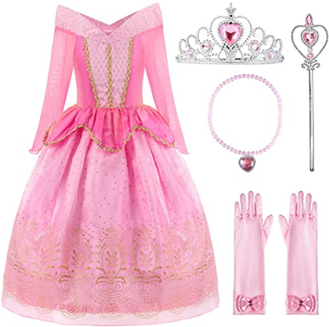 ReliBeauty Vestido de Princesa Rosa para Niñas, Disfraz de Manga Larga con Accesorios