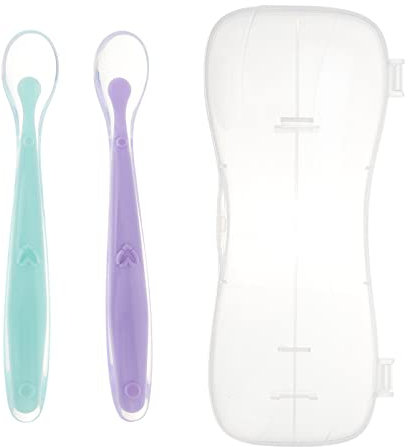 Artibetter 2pcs Cuchara de alimentación para bebés Cuchillería de silicona Utensilio con estuche Cucharas de bebé de punta suave para bebés recién nacidos Niños Niños Pequeños