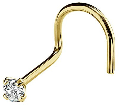 Jewelry Avalanche Solid 14Kt Gold Nose Screw, 24G (0.5mm) Nose Hook, Nose Stud, 14kt Yellow Gold or 14kt White Gold Nose Ring Prong Set CZ Accent-Y1.5mm