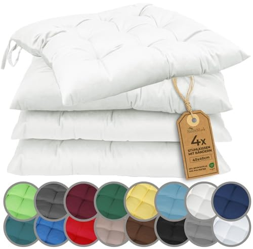 NatureMark 4-pack Stolsdynor med Remmar 40x40 cm – Fylld Sittdyna för Inomhus & Utomhus – Färg: natur/kräm