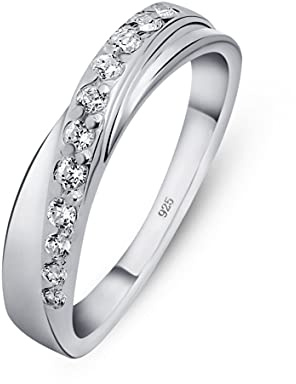 Amberta Damen Ring aus Sterling Silber Gekreutzter Hochzeitsring Zirkonium Steine Spirales Design