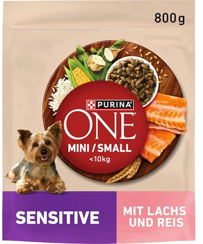 PURINA ONE Mini/Small Delicate hundfoder torr för små hundar, rik på lax & ris, förpackning med 8 (8 x 800 g)