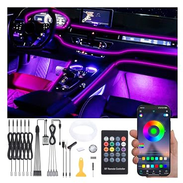 QAUBEN Auto Umgebungsbeleuchtung Glasfaser 64 Farben Mehrfarbig Musik RF Fernbedienung + APP Steuerung Auto DIY Dekorative Atmosphäre Beleuchtung DC 12V 1W 8m