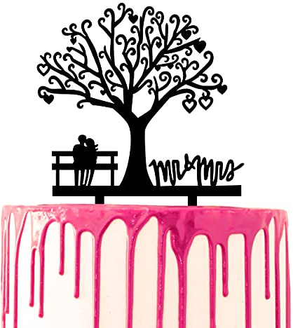 CARISPIBET Hochzeitstortenaufsatz aus Acryl in Silhouette, Paar sitzt liebevoll auf der Bank am Baum Mr & Mrs, Hochzeitskuchen Dekoration