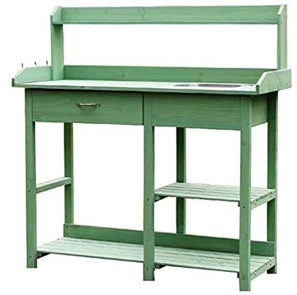 Table de Plantation en Bois Banc de Travail Pour Jardin Extérieur Établi de Plantation Avec Évier à Sec Amovible et Crochet, Ensemble de Pelles de Jardinage, Bois de Sapin Naturel, 117 X 39 X 121 cm,