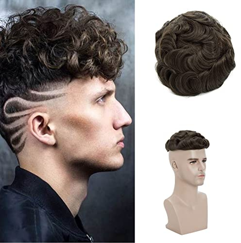 Postiche Remplacement Capillaire Cheveux Perruque Hommes Toupet Homme Perruque Densité 100% Cheveux Humains Naturel [Soie + PU Base], #4 Châtain