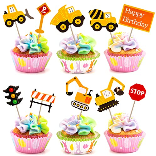 metagio 34 Stück Baufahrzeug Cupcake Topper, Bagger Cake Topper, Happy Birthday Cake Topper, Bagger Auto Kuchendekoration für Baby Jungen Kinder Geburtstag Party Dekoration