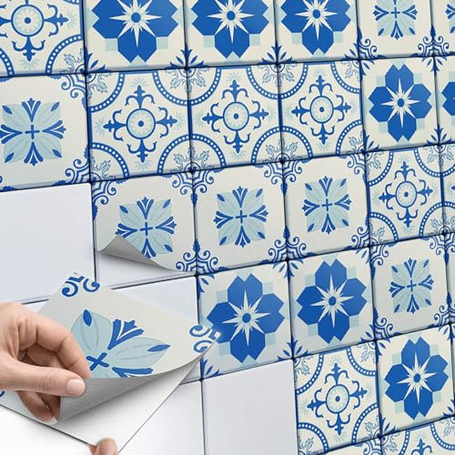 10 Stück Fliesenaufkleber, Klebefliesen 15x15 cm für Küche und Bad - Fliesenfolie, Mosaikfliesen selbstklebend - SET // Design: Barcelona Bordüre