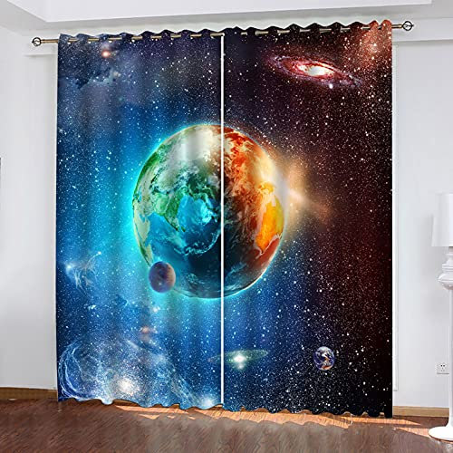 BIURKA Lot De 2 Rideau Chambre Enfant Fille Garcon 3D Espace Planète Paysage Motif Rideaux Occultants Thermiques Isolants Phonique À Oeillets Décoration De Fenêtre pour Salon 280X260cm(Lxh) 2 Pièces
