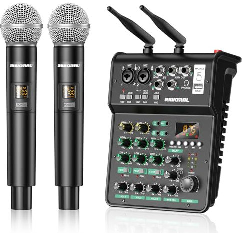 4 Channel Audio Interface With Dual Wireless Mic Sound Board Console MP3 Bluetooth 48V Phantom Power USB Interface Audio Mixerfor Home Karaoke Party Computer Studio Recording