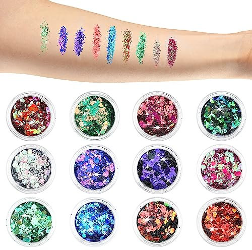 Giantree Glitter für Gesicht Körper, 12 Farben Hex Gesicht Pailletten Set Gesichtnägel Haare Körper Glitter Festival Zubehörglitter für Musik Festival Maskerade Party Makeup (Farbe A)