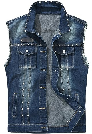 DSDZ Chaleco de mezclilla punk sin mangas para hombre con remaches, Azul, Large