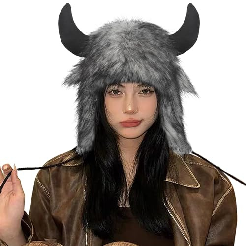 YJZQ Bonnet unisexe Bonnet animal Chaud Chapeau tête de Renne et Corne du Veau Cagoule en Peluche Casquette Fausse Fourrure pour Adult Grand Enfants Cadeau Noël Aniverssaire Fête