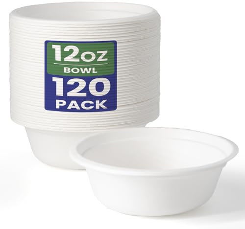 GreFusion Ultra Disposable Bowls 12oz Paper Bowls [120 Pack] Sugarcane Heavy-Duty