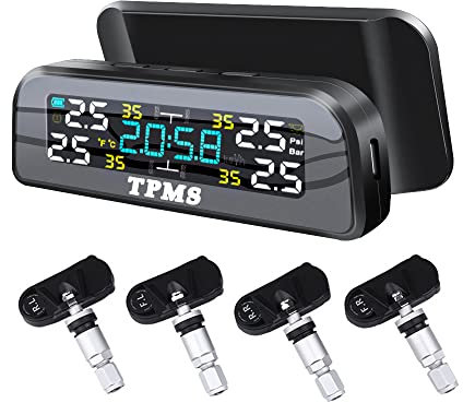 Irfora Système de contrôle solaire de la pression des pneus de voiture - Réveil - Manomètre de pression des pneus - Rotation à 360° - Surveillance de la pression des pneus - Avertissement de