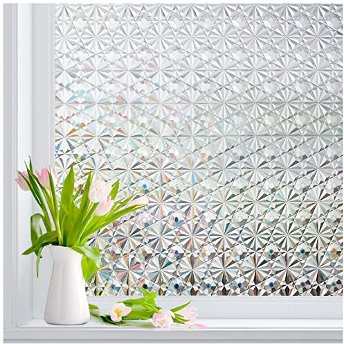 Lifetree Fensterfolie Blickdicht Milchglasfolie, Selbstklebend Glass Regenbogen 3D Prisma 45x200cm, Sonnenschutzfolie Sichtschutzfolie Fenster Folie Anti-UV für Küche,Badezimmer und Büro Reine Farbe