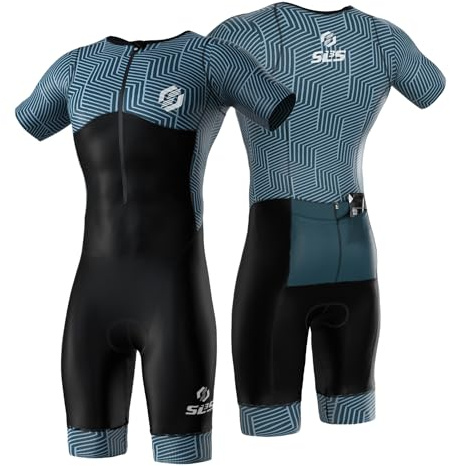 SLS3 Triathlon Suits Mens - Aerodynamic Sleeved Tri Suit Men – Lightweight Trisuit with Premium FX Fabrics - 2 Pockets (Carbon Teal, X-Large)