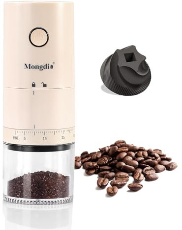 Mongdio Portable Electric Coffee Bean Grinder with 38 Adjustable Settings, Rechargeable Coffee Grinders for Home Use, Coffee Grinder for Travel - White