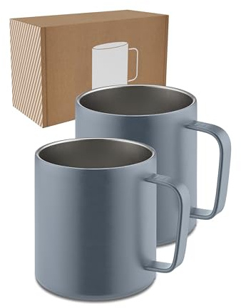 LAMBDA COFFEE® rostfritt stål kopp 2 x 360 ml termosmugg med handtag I kaffekopp dubbelväggig isolerad I koppset för camping och utomhus I termisk kaffekopp (blå)