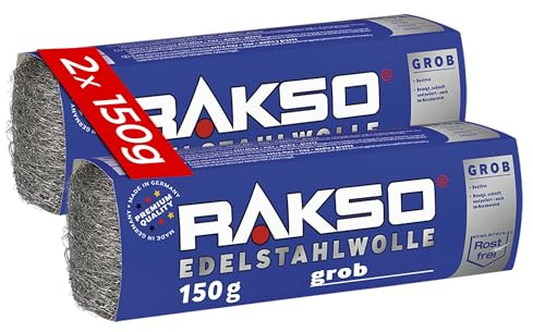 RAKSO Edelstahlwolle grob - 300 g, 2 Banderolen à 150g rostfrei, beseitigt hartnäckige Ablagerungen auf Fliesen, Keramik-Böden im Nassbereich