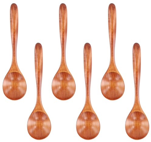 6 Piezas Cucharas de Madera, 16.5cm Longitud, Adecuado para Comer, Mezclar y Beber Sopa, Natural, Bueno para Tomar Café, Chocolate Caliente, Té y Miel