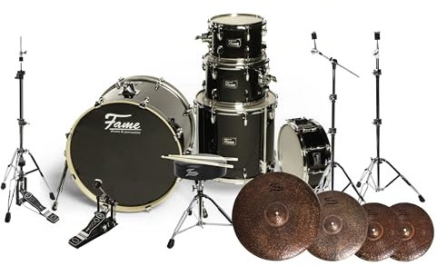 Fame Rock Set, 22 BassDrum, Satin Black, Birch, Gloss Finish, Chrome Hardware, Freesuspended Tom Mount, Rosette Bass Drum, Pre-dampened Bass Drum Head, 6 Ply Snare, Tom-Tom