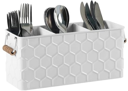HOME PALETTE Silverware Caddy for Party Kitchen Flatware Holder for Countertop Metal White Honeycomb Pattern Embossed Cutlery Organizer with 3 Compartments for Utensils, Spoons, Knives, Forks, Cups,