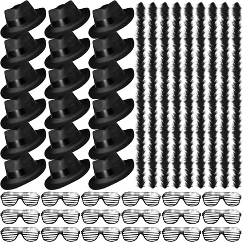 Baderke 54 Pieces Glow Party Supplies 18 Pcs Black Feather Boas Bulk 18 Pcs Black Gangster Party Hats with Light up LED Glasses for Adult Mardi Gras Carnival New Year Parties Hora Loca Parties