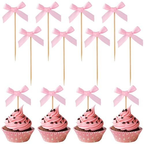 24 Uds Adornos para Cupcakes con Lazo Rosa, Adornos para Tartas con Lazo Cinta Palillos para Cupcakes con Lazo Decoraciones de Cumpleaños con Lazo Rosa para Niñas Baby Shower Fiestas