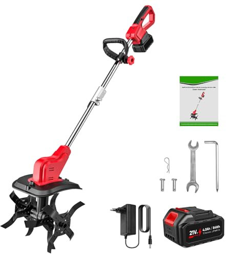 Akku-Bodenhacke 21V, Elektro-Bodenhacke mit 4000mAh Akku*2 und Ladegerät, LED-Anzeige, Arbeitsbreite 30 cm, Arbeitstiefe 22 cm, Teleskopstange, für Gemüsegarten und Garten (4000mAh*1)