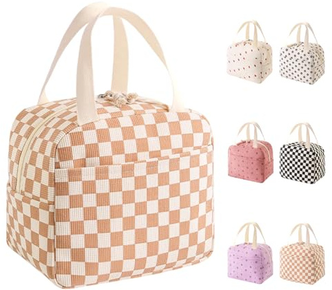 HouYa-Tec Bolsa Termica Porta Alimentos 10L, Lunch Bag para Lonchera, Bolsa Comida Trabajo para Mujer, Pequeña Bolsas Nevera Portatil para Playa,para Trabajo, Viaje, Escuela, Picnic (cuadros café)