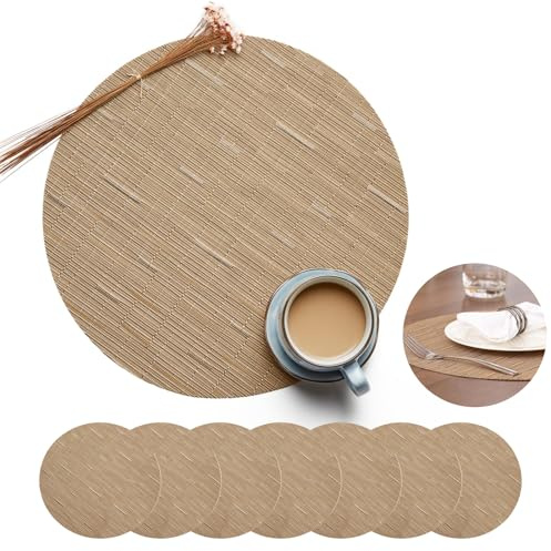 Huoflame Platzsets Rund 8er Set – Abwaschbare Tischsets aus gewebtem PVC im Bambus-Design – rutschfest und Hitzebeständig Ø 32 cm – Perfekt für Küche, Esszimmer, Restaurant