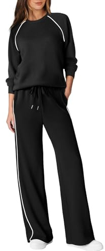 Sampeel Lounge Sets for Women 2 Piece Matching Set Business Casual Sweatsuits Wide Leg Pants Fall Fashion Clothes 2025 Vacation Essentials Airport Outfits Sweatshirt Black M