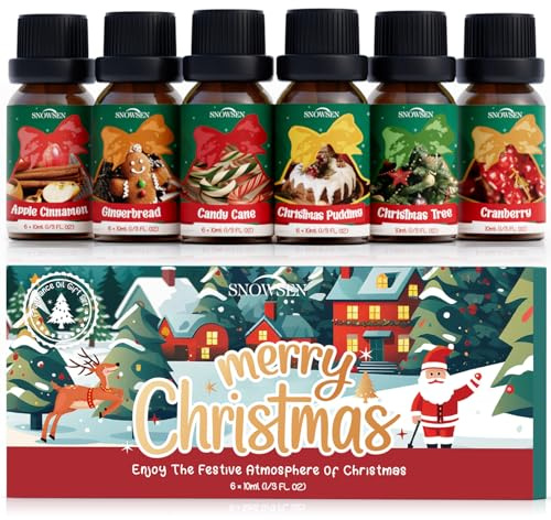 Christmas Fragrance Oil Set | Apple Cinnamon, Christmas Pudding, Candy Cane, Gingerbread, Cranberry, Christmas Tree Essential Oils for Diffuser, Winter Scented Oil Gift for Candle Making