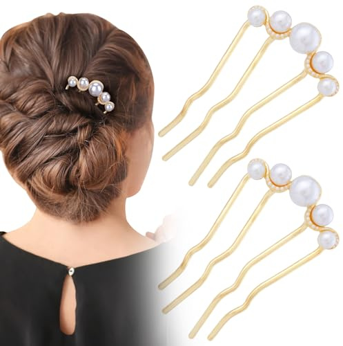 Alpinleux 2 Pcs Pearl Hair Pins U Shaped, Elegant Vintage French Pearl Hair Comb, French Twist Hair Pin for Brides, Bridesmaid, Party, Daily, Holiday (Gold)
