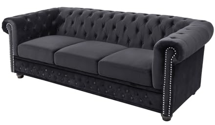 Riess Ambiente Barock Sofa Chesterfield 205cm - schwarz - Samt Federkern Knopfheftung 3-Sitzer-Couch Wohnzimmer Retro