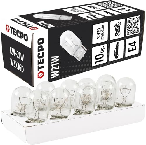 TECPO W21W Glassockellampe W3X16D T20 Glühlampe Glühbirne Halogen, Brems-, Blink-, Nebelschluss- und Rückfahrtleuchte 12V 21W weiß vorne/hinten Birne (10 Stück)
