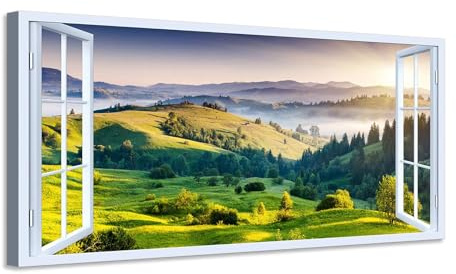 Generico Quadro finestra paesaggio naturale - Stampa su tela con telaio in legno - 120x60 cm