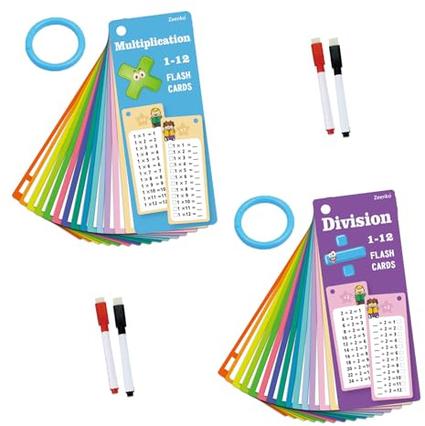 30 Stück 1x1 Lernkarten, Einmaleins Spiel, Mathe Karten | mit 4 Löschbaren Stiften und 2 Ringe für Kinder für Schule, Zuhause (Multiplikation und Division, M)
