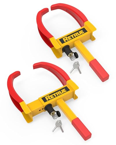 RETRUE Trailer Wheel Lock Clamp, Heavy Duty Anti-Theft Wheel Boot Lock for Cars, Trailers, RVs, Campers, SUVs, Motorcycles, Adjustable Fit 7–11 Inch Tires, High Visibility Yellow & Red (2 Pack)
